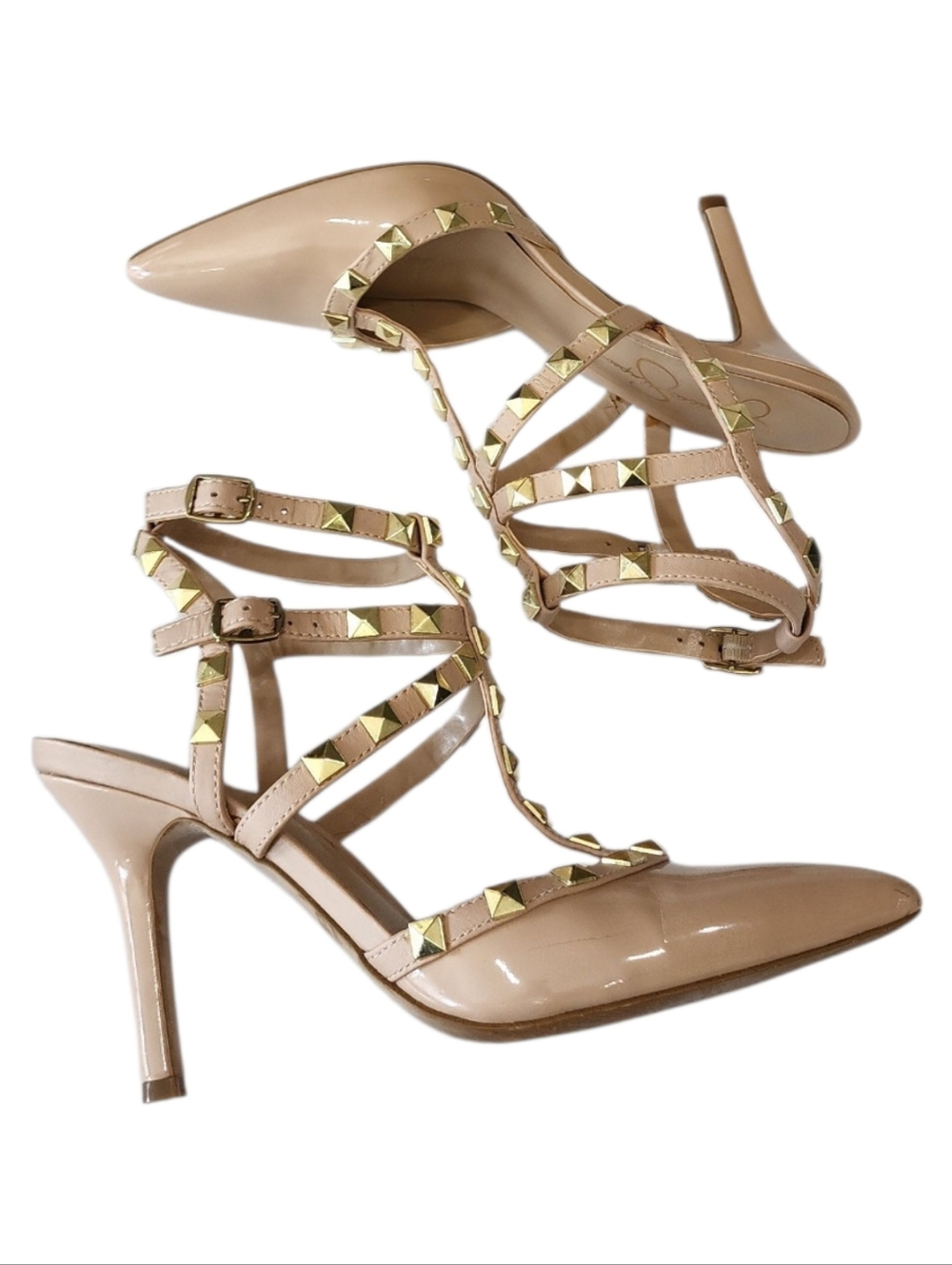 Jessica Simpson Nude Patent Studded Caged Strappy Pointed Toe Heels Size 7.5 - Picture 9 of 14